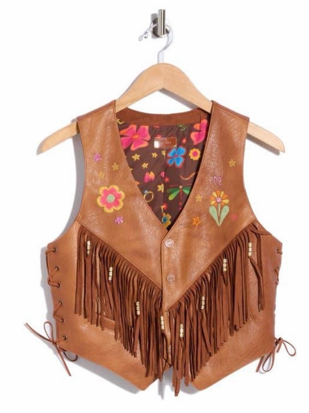 MOTHER: Fringe Embroidered Faux Leather Vest - Brown - Picture 4 of 6